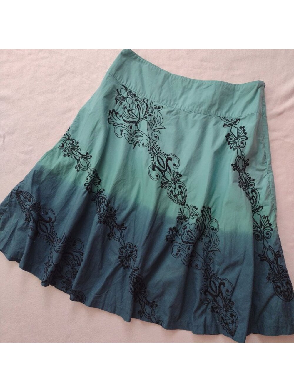 Vtg Y2K Sunny Leigh Teal Ombre Skirt 12 L Embroidered Black Cotton A-line